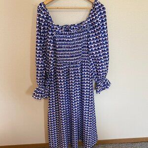 Women's SZ M Full Sleeve Blue Geometric Maxi Dress with Square Neck Design
